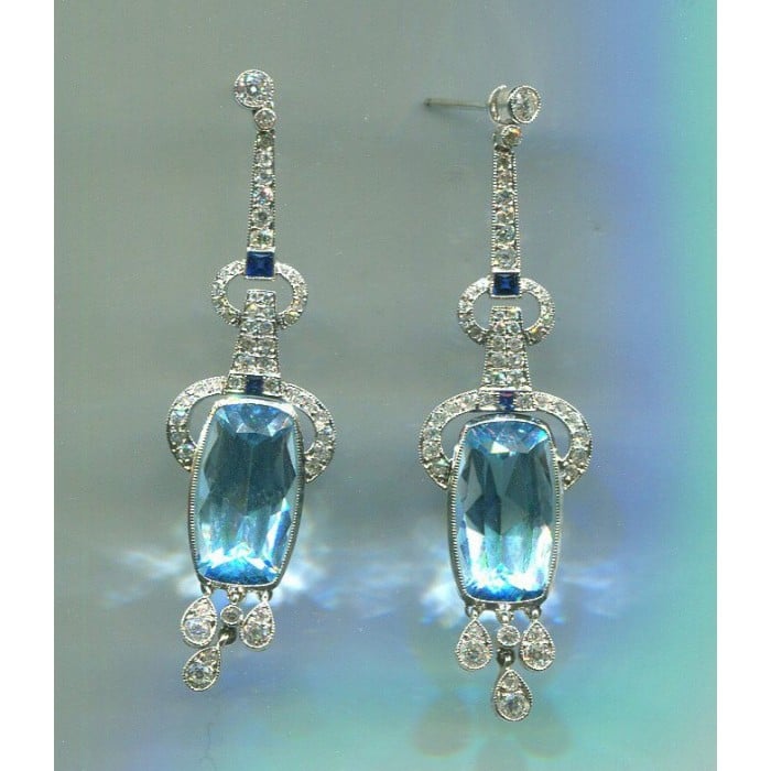 Modern Aquamarine, Sapphire, Diamond and Platinum Earrings