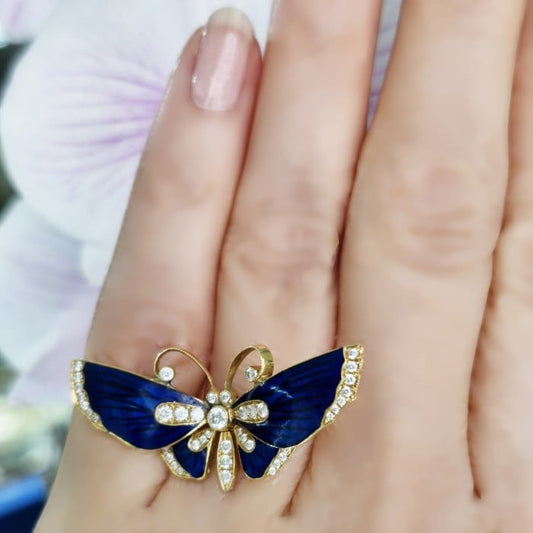 Modern Blue Basse Taille Enamel Diamond and Gold Butterfly Ring