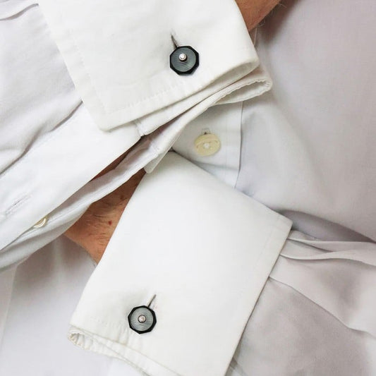 Modern Diamond Rock Crystal Black Onyx and White Gold Cufflinks