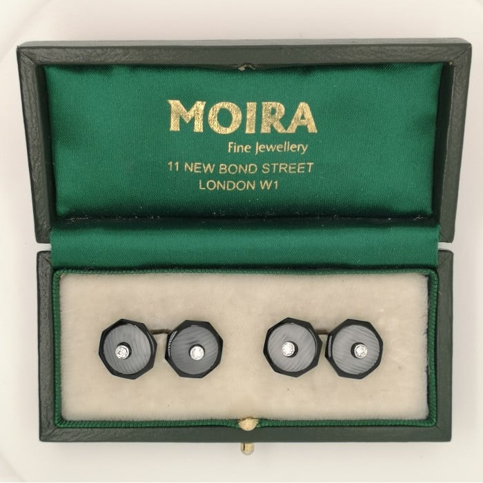 Modern Diamond Rock Crystal Black Onyx and White Gold Cufflinks