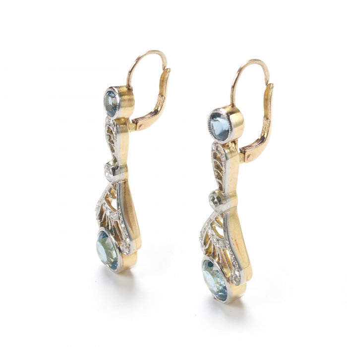 Modern Edwardian Style Aquamarine Diamond and Gold Drop Earrings
