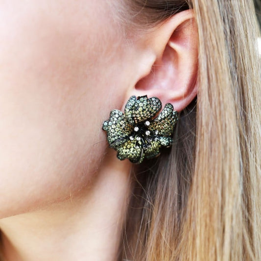 Modern Green to Yellow Sapphire Diamond and Gold Rose Flower Earrings