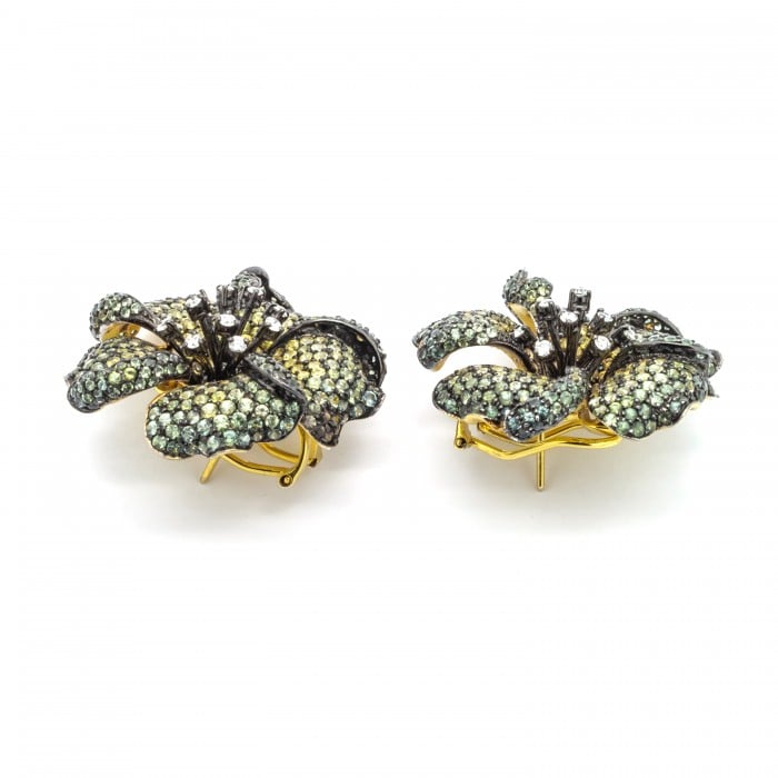 Modern Green to Yellow Sapphire Diamond and Gold Rose Flower Earrings