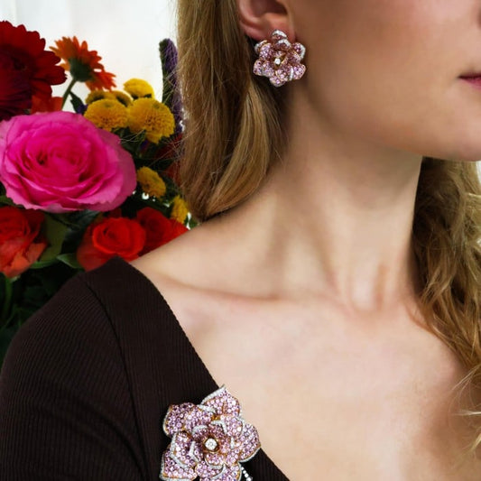 Modern Moira Pink Sapphire Diamond Gold and Silver Rose Brooch and Earrings Suite