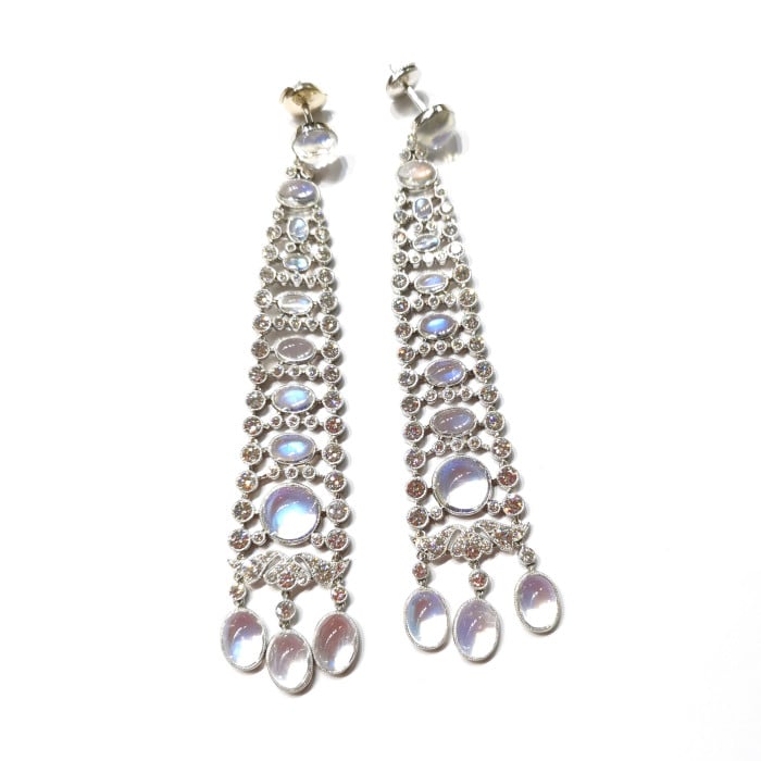 Modern Moonstone, Diamond and Platinum Drop Earrings