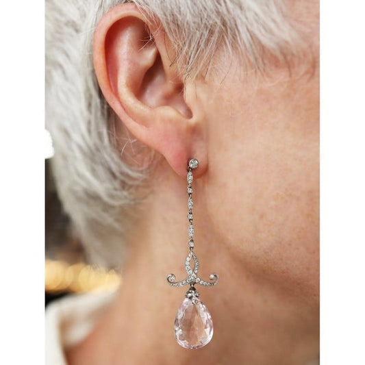 Modern Morganite Diamond and Platinum Drop Earrings