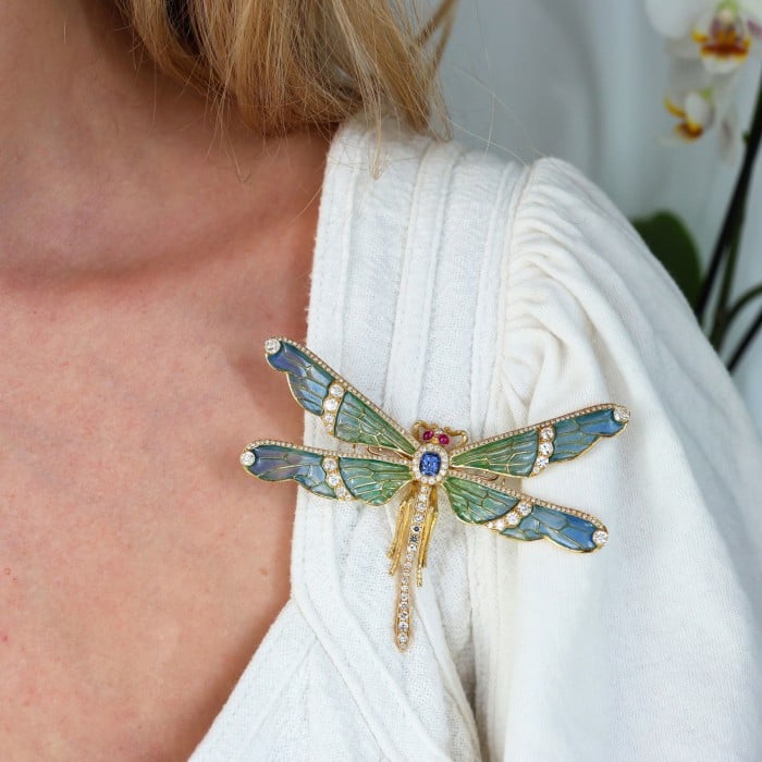 Modern Plique à Jour Enamel, Diamond, Sapphire, Ruby and Gold Dragonfly Brooch