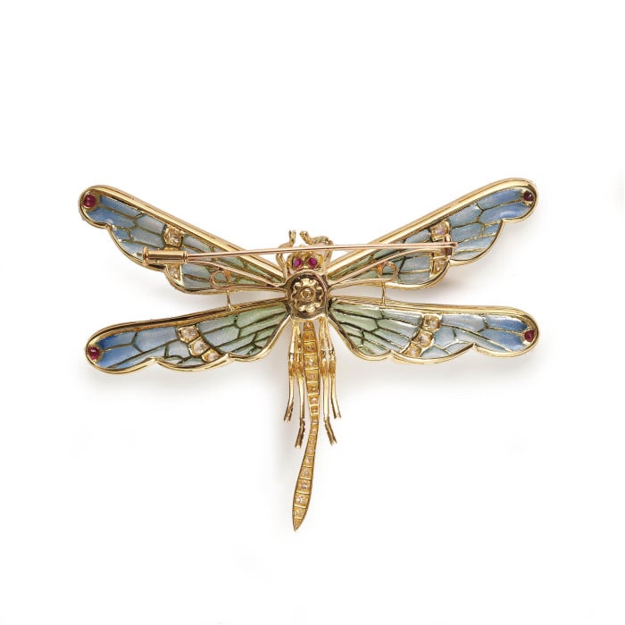 Modern Plique à Jour Enamel, Ruby, Diamond and Gold Dragonfly Brooch