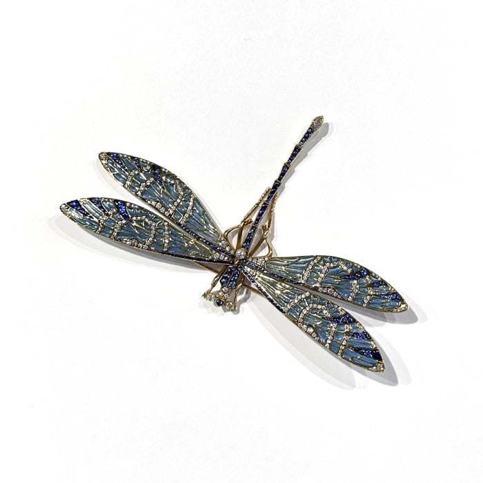 Modern Plique à Jour Enamel Sapphire Diamond and Gold Dragonfly Brooch