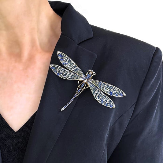 Modern Plique à Jour Enamel Sapphire Diamond and Gold Dragonfly Brooch
