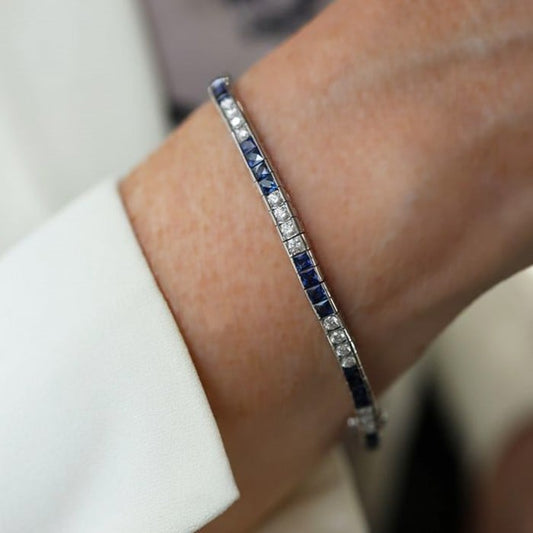 Modern Sapphire, 3.89 Carats, Diamond, 1.65 Carats and Platinum Line Bracelet