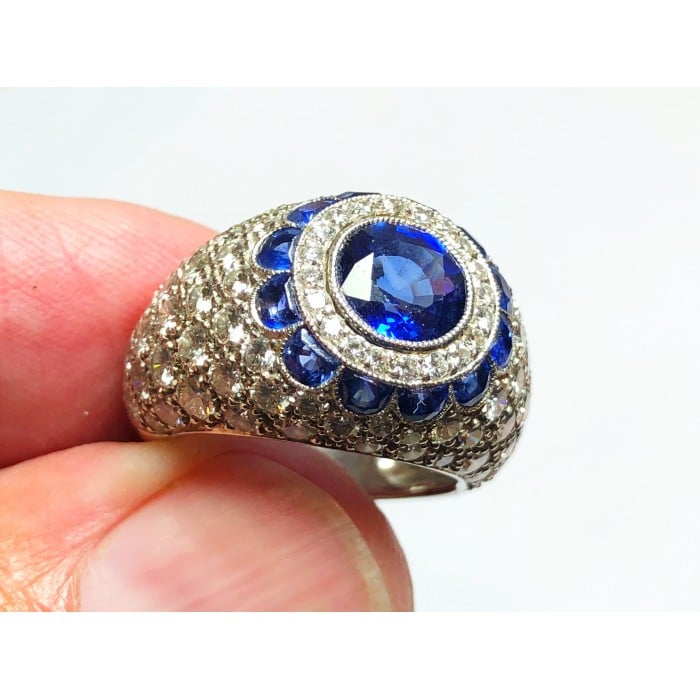 Modern Sapphire Diamond and Platinum Bombé Ring