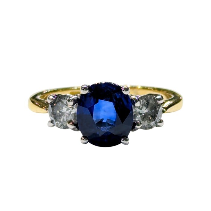 Modern Sapphire Diamond and Yellow and White Gold Three Stone Ring, 1.93 Carats