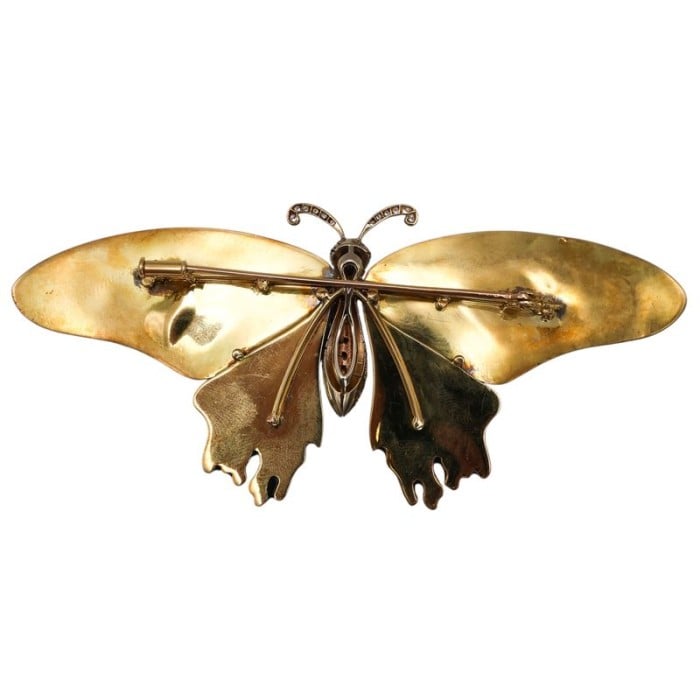 Modern Scarlet Mormon Enamel Silver and Gold Butterfly Brooch