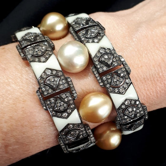 Modern South Sea Pearl Diamond Bakelite Silver and Gold Bracelet