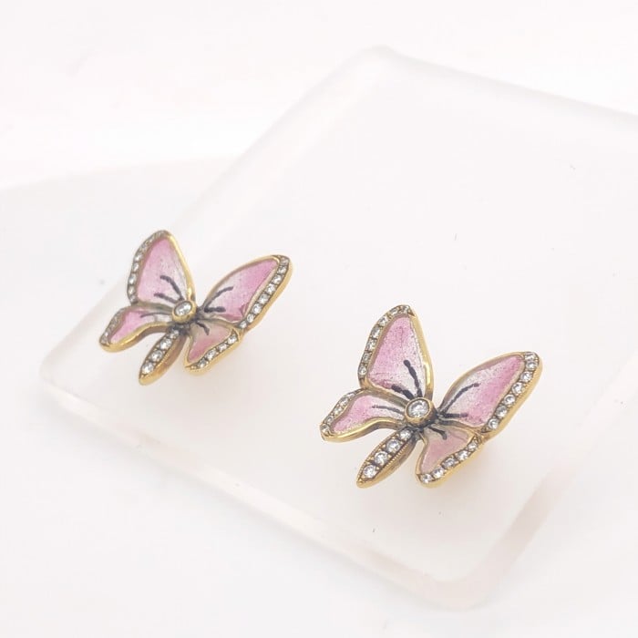 Moira Pink Plique à Jour Enamel, Diamond and Gold Butterfly Earrings