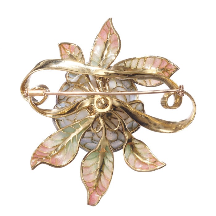 Moira Plique à Jour Enamel, Diamond, Gold and Silver Flower Brooch