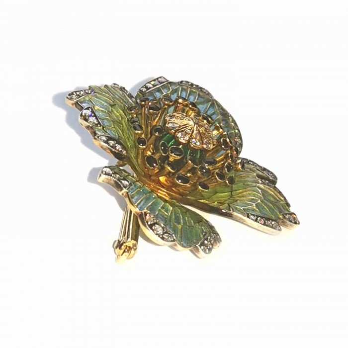 Moira Poppy Plique à Jour Enamel, Diamond, Silver and Gold Brooch