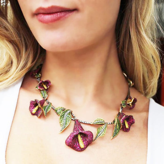 Moira Ruby Diamond Plique à Jour Enamel Silver and Gold Calla Lily Necklace