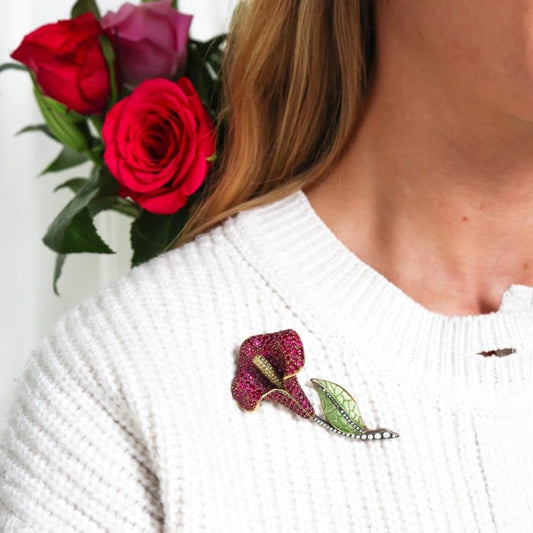 Moira Ruby Diamond Silver Gold and Plique à Jour Enamel Calla Lily Brooch