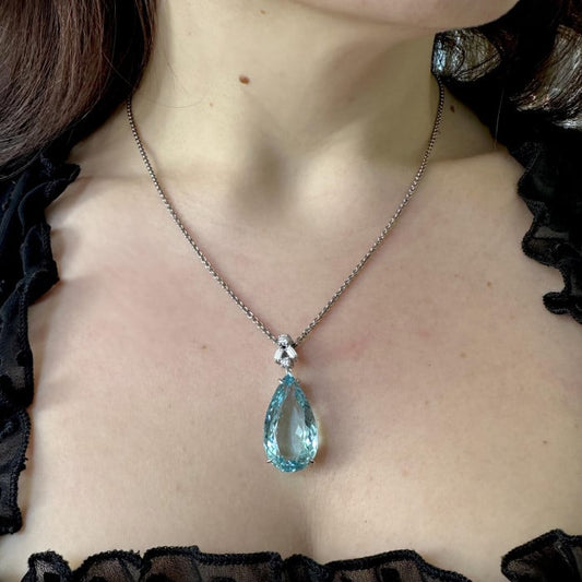 New Pear Shape Aquamarine Diamond and White Gold Pendant, 21.55 Carats