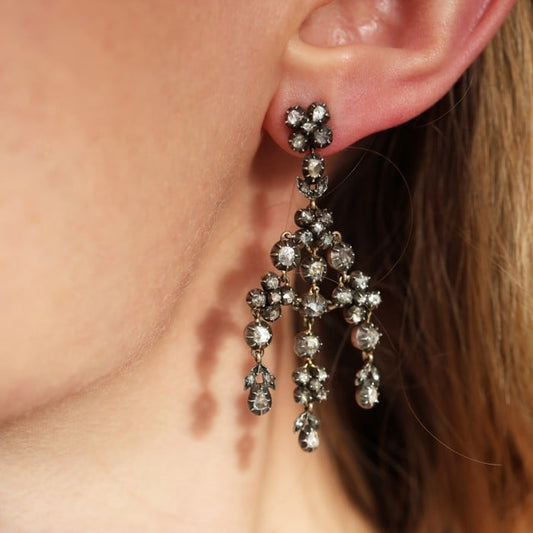 Rose Cut Diamond and Silver Upon Gold Girandole Earrings