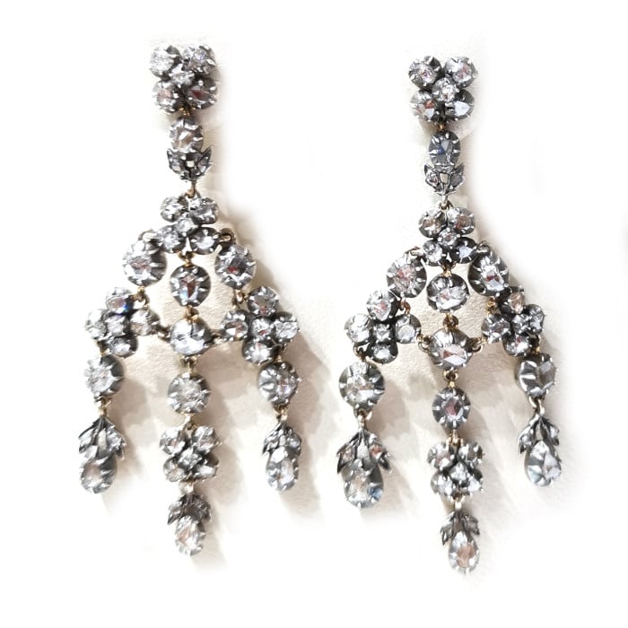 Rose Cut Diamond and Silver Upon Gold Girandole Earrings