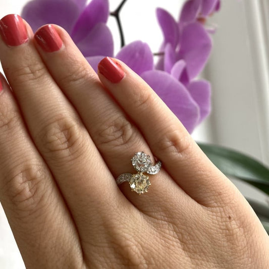 Two Stone Crossover White and Yellow Diamond, Platinum and Gold Ring