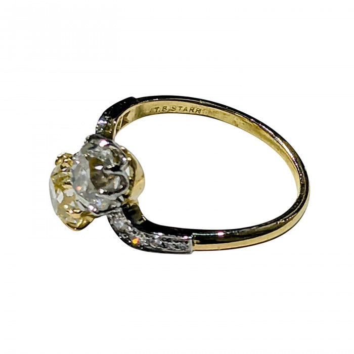 Two Stone Crossover White and Yellow Diamond, Platinum and Gold Ring