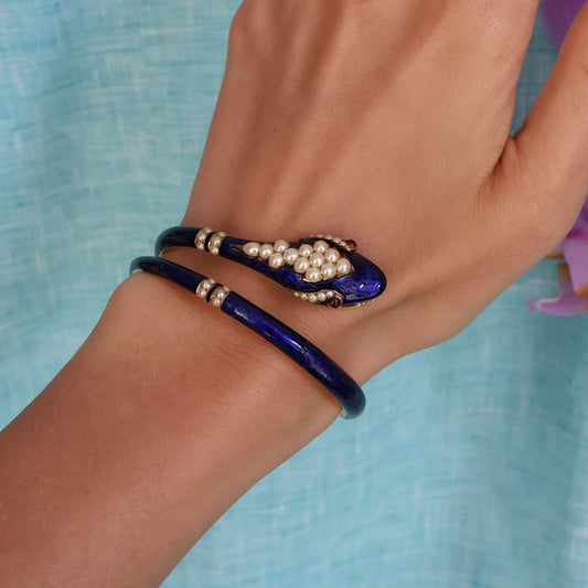 Victorian Blue Enamel Pearl Garnet and Gold Snake Bangle, Given by Adelaide Queen Dowager, to Lady Susan Harcourt, 1849