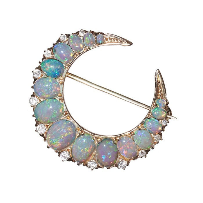 Victorian Opal Diamond and Gold Crescent Brooch, Circa 1880