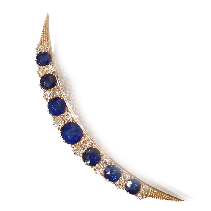 Victorian Sapphire, Diamond and Gold Crescent Brooch, Circa 1880