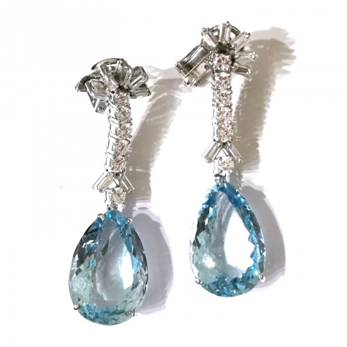 Vintage Aquamarine, Diamond and White Gold Drop Earrings, Circa 1960