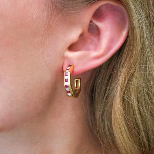 Vintage Ruby Diamond and Gold Channel Set Earrings, 1995