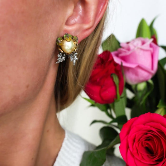 Yellow South Sea Pearl Plique à Jour Enamel and Gold Flower Bud Earrings