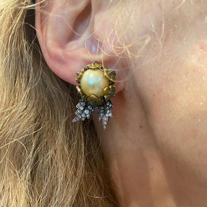 Yellow South Sea Pearl Plique à Jour Enamel and Gold Flower Bud Earrings