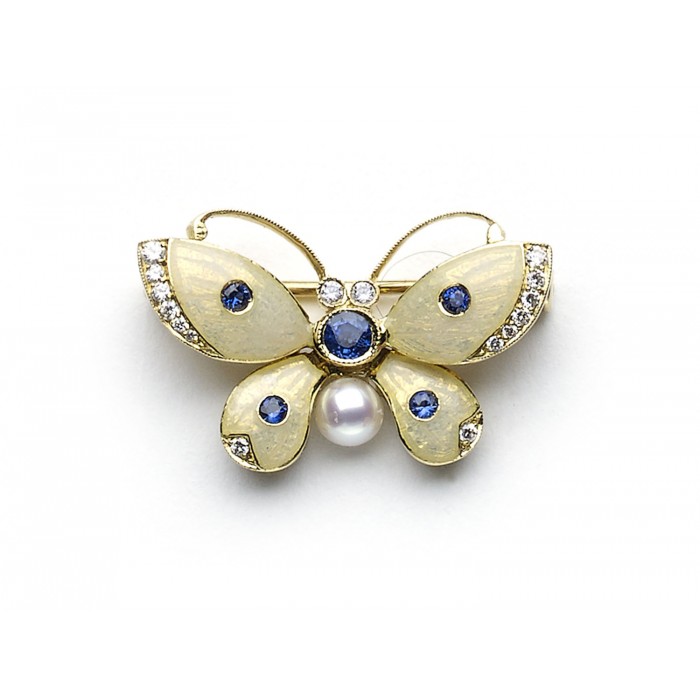 Enamel Sapphire Diamond and Gold Butterfly Brooch