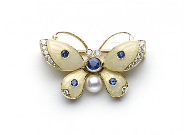 Enamel Sapphire Diamond and Gold Butterfly Brooch
