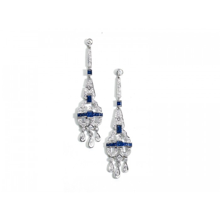 Vintage Diamond, Sapphire and Platinum Earrings, Circa 1980