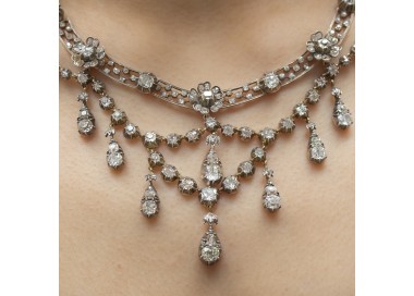 Antique German Belle Époque Diamond, Silver and Gold Necklace modelled