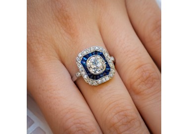 Art Deco Sapphire Diamond and Platinum Ring, 1.30ct