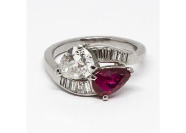 Vintage Ruby Diamond and Platinum Ring, Circa 1950