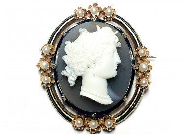 French Antique Sardonyx, Pearl, Enamel and Gold Cameo Brooch