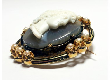 French Antique Sardonyx, Pearl, Enamel and Gold Cameo Brooch