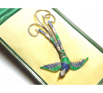 Modern Sapphire, Diamond, Emerald and Silver Upon Gold Bird Brooch, Circa 2002