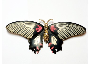 Scarlet Mormon Enamel and Diamond Butterfly Brooch