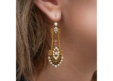 Victorian Gold, Pearl, Diamond and Ruby Earrings