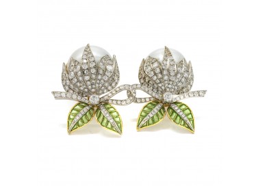 Mabe Pearl and Plique à Jour Enamel Bud Earrings