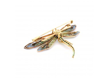 Plique à Jour, Sapphire, Emerald and Diamond Dragonfly Brooch