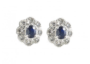 Vintage Sapphire and Diamond Cluster Stud Earrings, Circa 1960